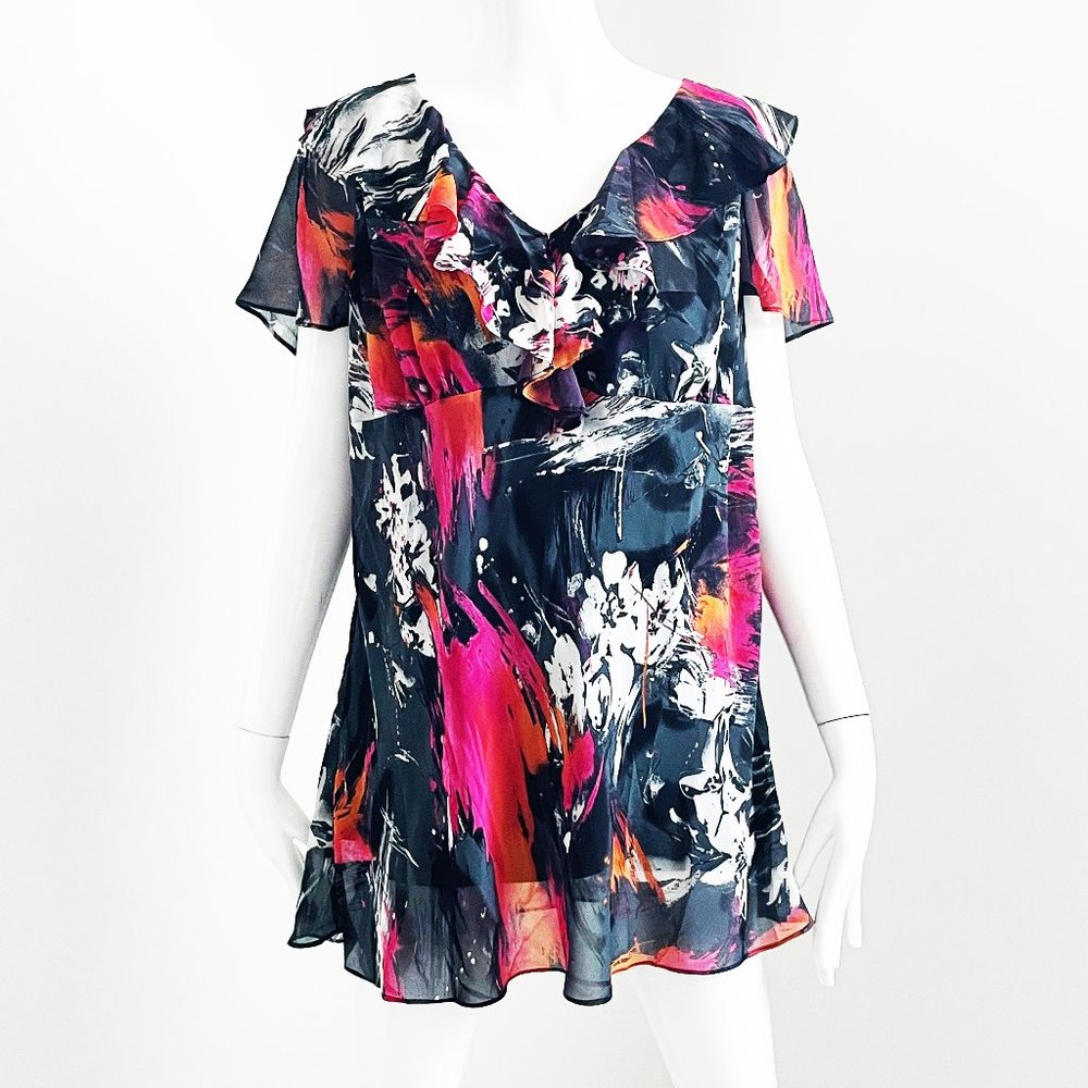 Calvin Klein Tunic Top Sheer Colorful Abstract Brushstroke Print NWT